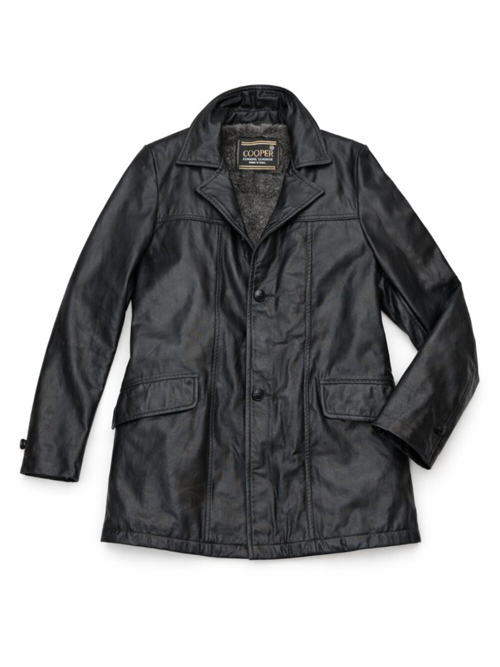 Cooper Leather Jacket Sherpa Lined Black Coat Made USA Men’s L Vintage